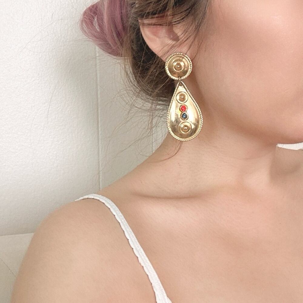 Vintage 80s Byzantine Revival Gold Teardrop Earrings Ruby Sapphire Jewels